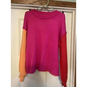 MISS SPARKLING Color Block Sweater Pink Orange Red Crew Neck Women's XL